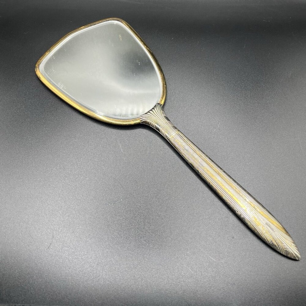 Vintage Art Deco Handheld Vanity Mirror Metal Frame Gold & Silver Tone Victorian